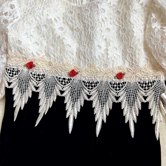 Vintage 90s MiMi Fashion Dress Girls Size 6 Black White Lace Long Sleeve Floral - Picture 3 of 5